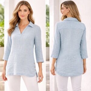 Tahari Blue Linen Tunic Top V-Neck 3/4 Sleeve Button Hem Casual Small Relaxed